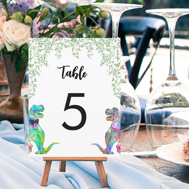 Colourful Dinosaur Theme Wedding Foliage (Colorful Dinosaur bride and groom wedding table number)