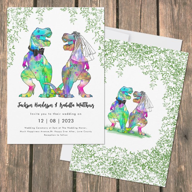 Colourful Dinosaur Theme Wedding Invitation (Funny colorful dinosaur themed wedding fun T-Rex bride & groom artwork by artist Catherine Sweetman )