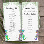 Colourful Dinosaur Theme Wedding Program<br><div class="desc">Funny dinosaur themed wedding day program with colourful dinosaur bride and groom and watercolor eucalyptus foliage. Easy to customise with the bride and grooms names, the wedding date and all the wedding day ceremony details in modern typography script. Fun Tyrannosaurus Rex bride and groom dino illustrations in pink purple green...</div>