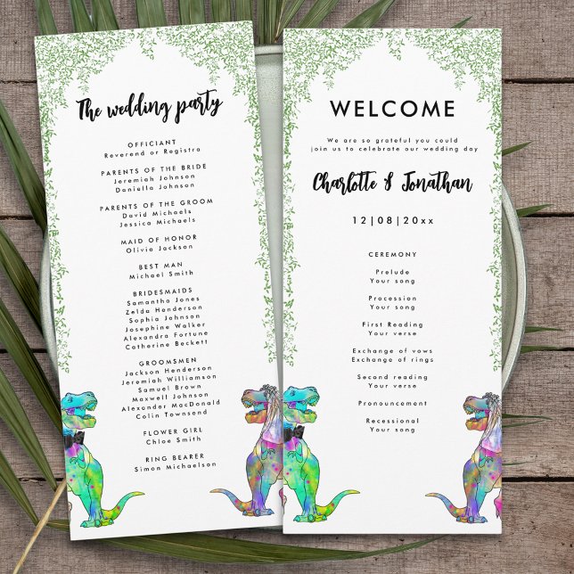 Colourful Dinosaur Theme Wedding Program (Colorful T-Rex bride and groom dinosaur wedding day program)