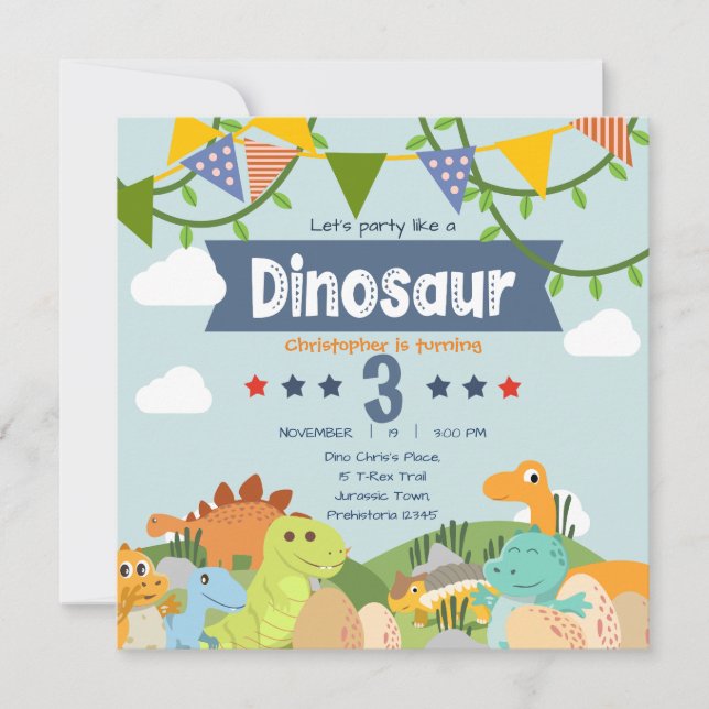 Colourful Dinosaur-Themed 3rd Birthday Invitation (Front)