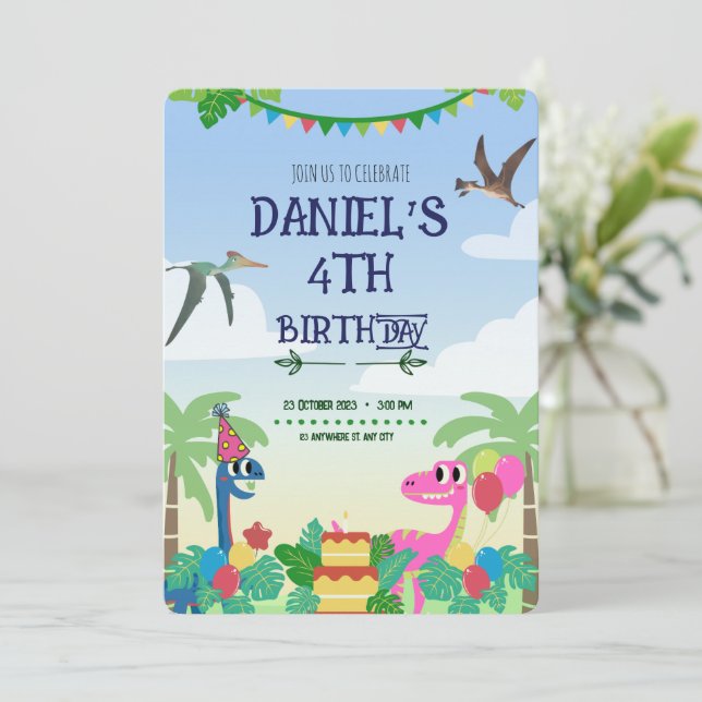 Colourful Dinosaur Themed Birthday Party Invitatio Invitation (Standing Front)