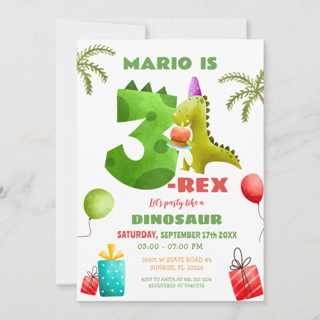 Colourful Dinosaur Three Rex 3rd Birthday Party  Invitation (Front)