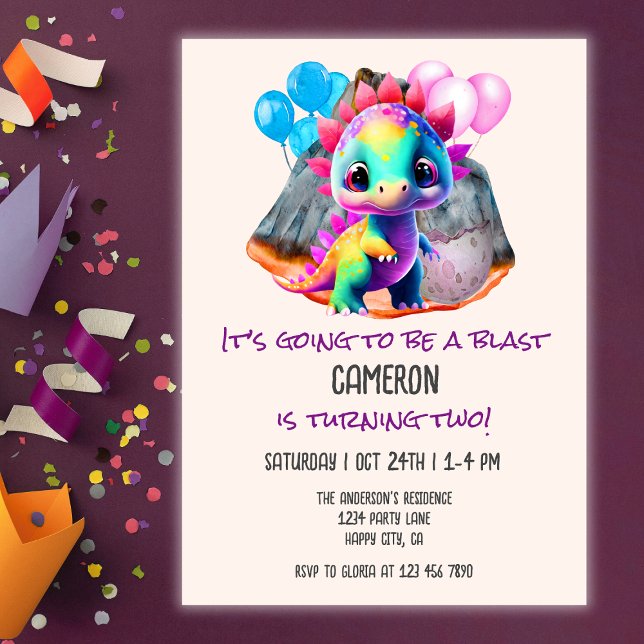 Colourful Dinosaur To Be a Blast 2nd Birthday Part Invitation (Creator Uploaded)