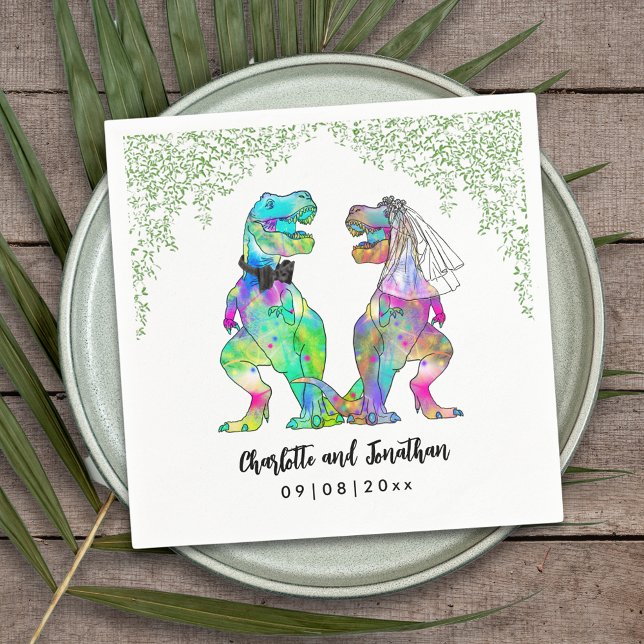 Colourful Dinosaur Wedding T-Rex Bride and Groom Napkin (Colorful dinosaur themed wedding funny T-Rex bride and groom Jurassic jungle foliage custom napkin)