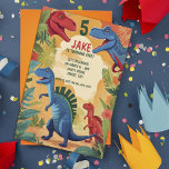 Colourful Dinosaurs 5th Birthday Kids Party  Invitation<br><div class="desc">Get ready for a wild adventure in this 5th birthday bash design! This invitation features colourful dinosaurs roaring in red and blue,  surrounded by lush green leaves and pops of orange. It is fully customisable for special day – just add the details and let the fun begin!</div>