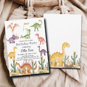 Colourful Dinosaurs 5th Birthday Party Invitation