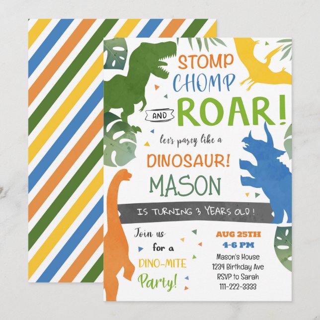 Colourful Dinosaurs Birthday Party Invitation (Front/Back)