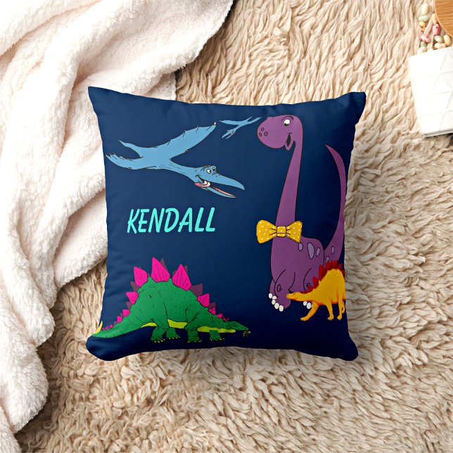 Colourful Dinosaurs Child's Name Navy Throw Pillow (Creator Uploaded)
