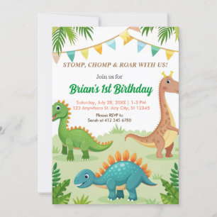 colourful dinosaurs cute boy birthday party  invitation