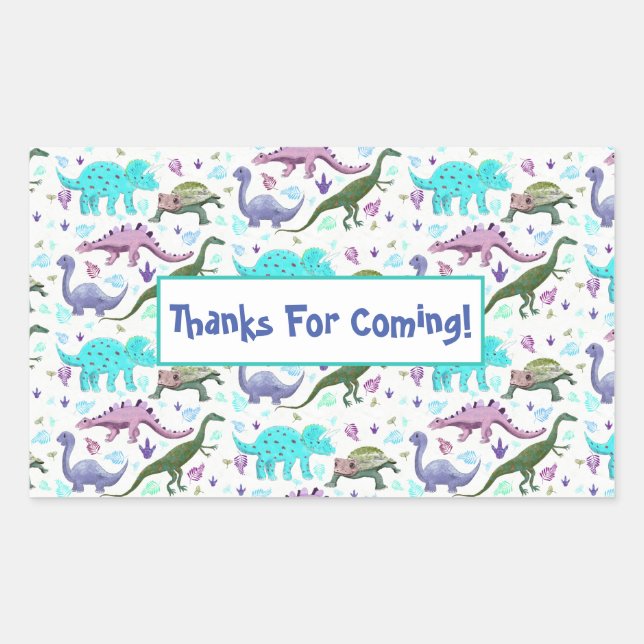 Colourful Dinosaurs Galore Thank You Party Rectangular Sticker (Front)