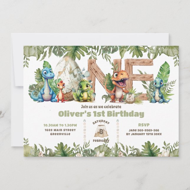 Colourful Dinosaurs Greenery ONE 1st First Birthda Invitation (Front)