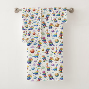 Colourful Dinosaurs Outer Space Planets Rainbow Bath Towel Set