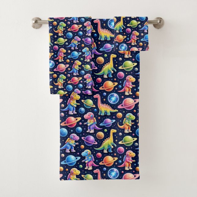 Colourful Dinosaurs Outer Space Planets Rainbow  Bath Towel Set (Insitu)