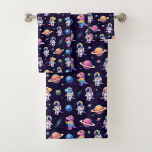 Colourful Dinosaurs Outer Space Planets Rainbow Bath Towel Set