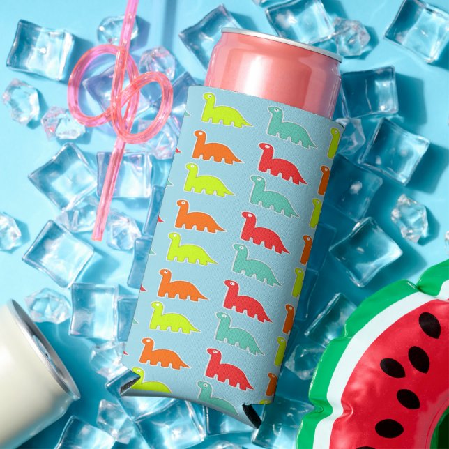 Colourful Dinosaurs pattern on blue Seltzer Can Cooler (In Situ Summer)