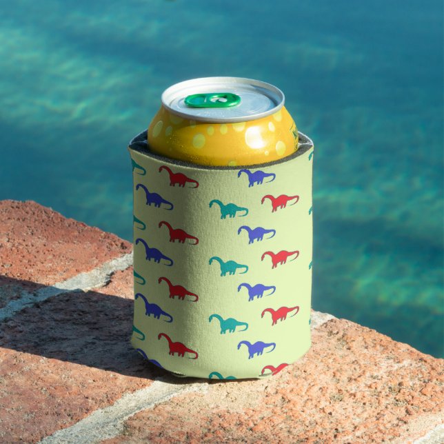 Colourful dinosaurs pattern on green can cooler (In Situ Pool)
