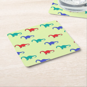 Colourful dinosaurs pattern on green square paper coaster