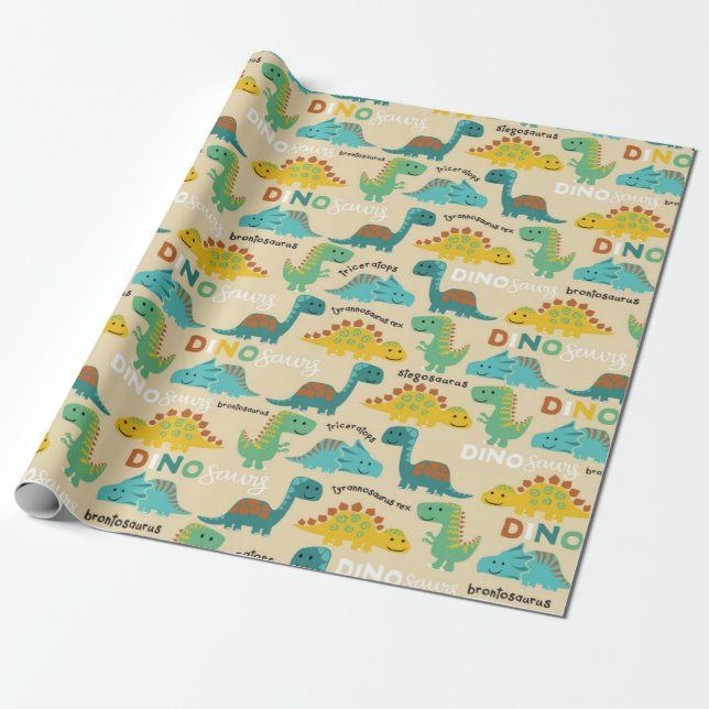 Colourful Dinosaurs Pattern Wrapping Paper (Unrolled)