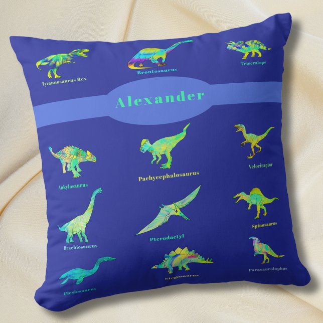 Colourful Dinosaurs Personalised Name  Cushion (Dinosaurs personalized kids name blue and green pillow Colorful dinos with names boys bedroom decor)