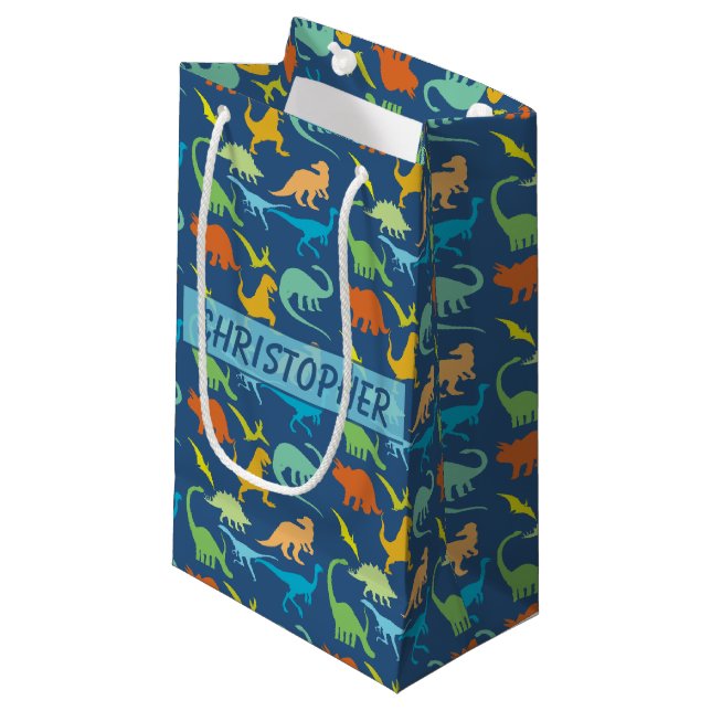 Colourful Dinosaurs to Personalise Small Gift Bag (Front Angled)