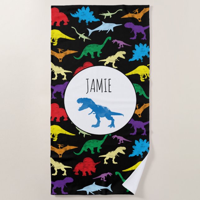 Colourful Dinosaurs Watercolor Kids Pattern  Beach Towel (Front)