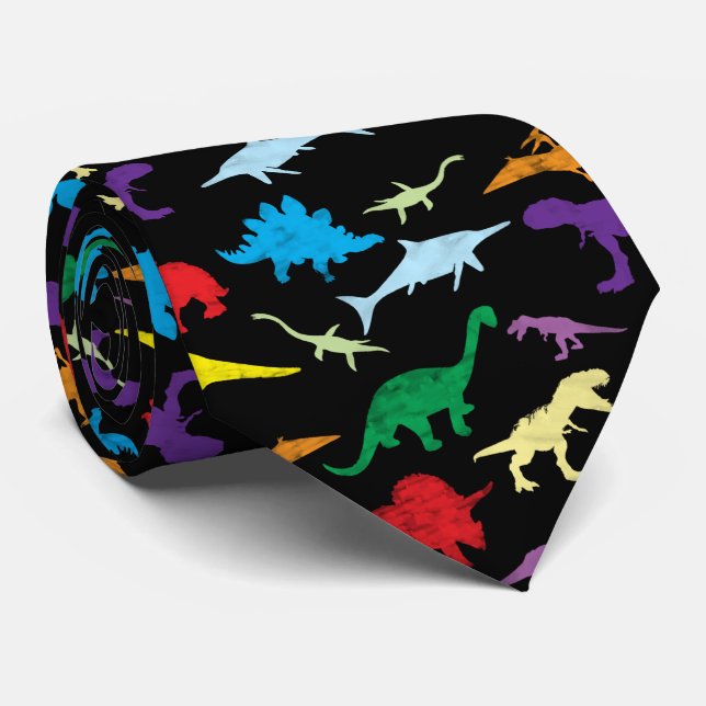 Colourful Dinosaurs Watercolor Pattern Tie (Rolled)