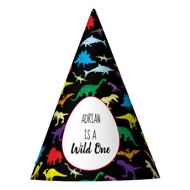 Colourful Dinosaurs Wild One Kids Birthday Party Hat (Front)