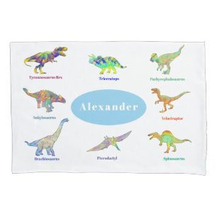 Colourful Dinosaurs with names Pattern Blue Pillowcase