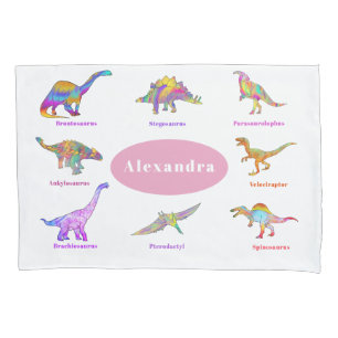 Colourful Dinosaurs with names Pattern pink  Pillowcase