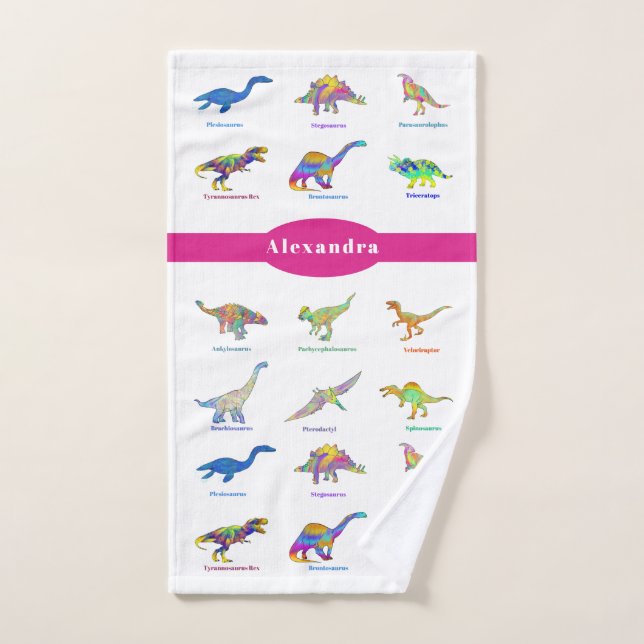 Colourful Dinosaurs with names Pink Bath Towel Set (Hand Towel)