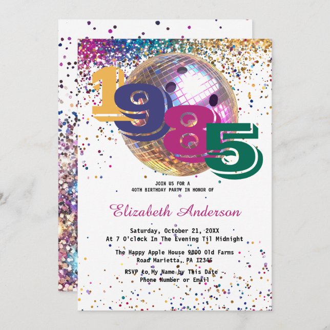 Colourful Disco Bowling Ball 1985 40th Birthday  Invitation (Front/Back)
