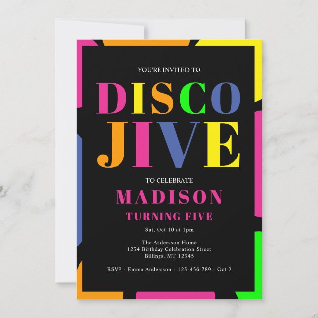 Colourful Disco Jive Turning Five Birthday Party Invitation (Front)
