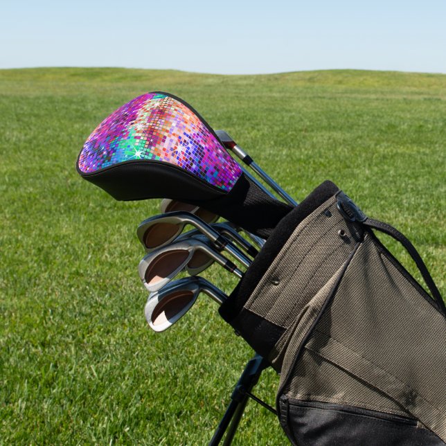 Colourful disco mirror squares and sparkle golf head cover (In Situ)