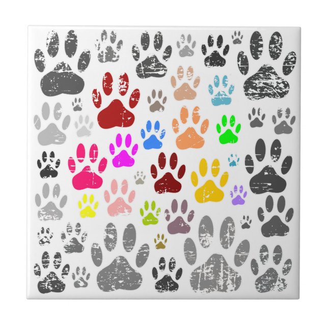 Colourful Distressed Dog Paw Prints On Grey Ceramic Tile (Front)