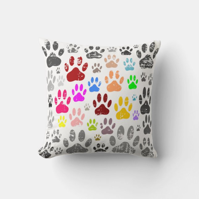 Colourful Distressed Dog Paw Prints On Grey Cushion (Front)