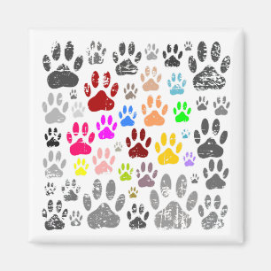 Colourful Distressed Dog Paw Prints On Grey Magnet