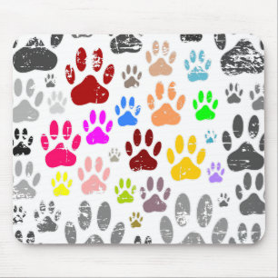 Colourful Distressed Dog Paw Prints On Grey Mouse Pad