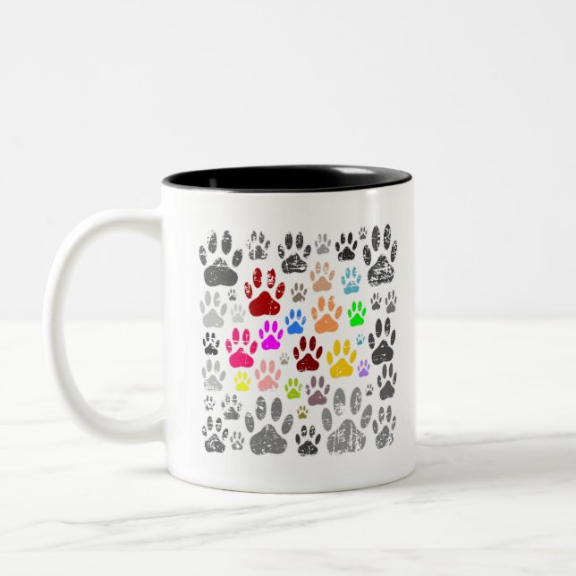 Colourful Distressed Dog Paw Prints On Grey Two-Tone Coffee Mug (Left)