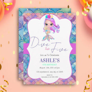 Colourful Dive Into Five Mermaid 5th Birthday  Invitation