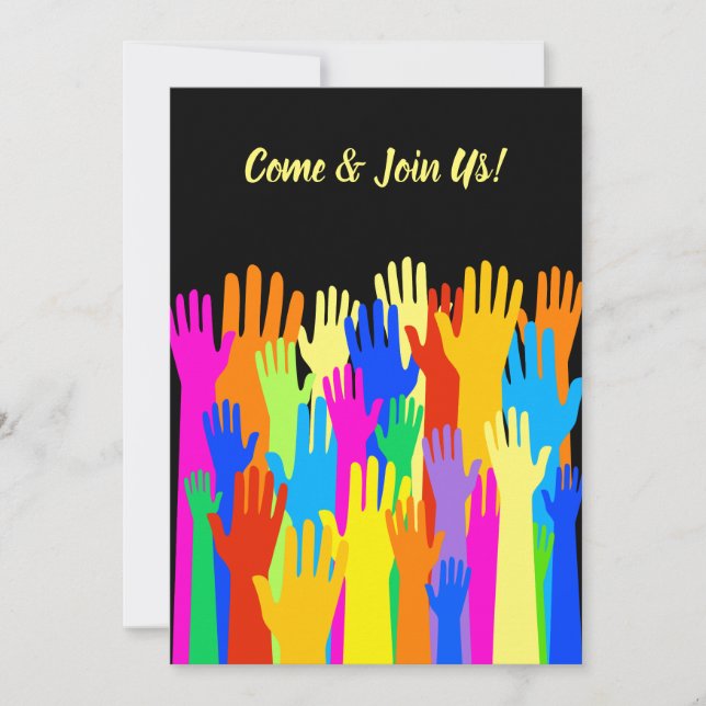 Colourful Diverse Group Community of Raised Hands Invitation (Front)