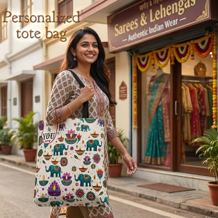 Colourful Diwali Elephant & Diya Pattern Custom Tote Bag
