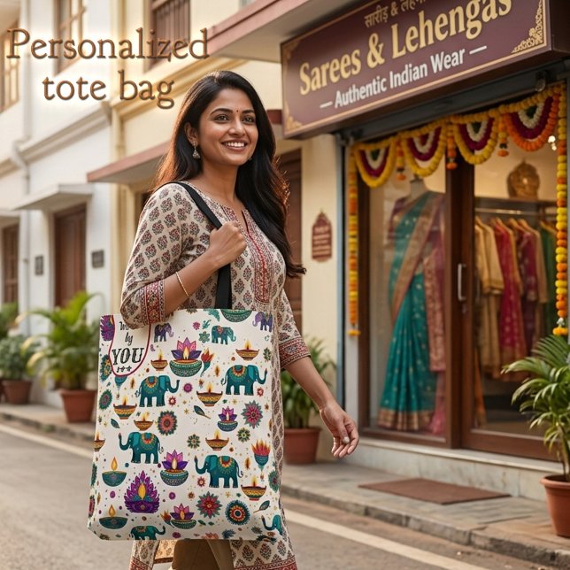 Colourful Diwali Elephant & Diya Pattern Custom Tote Bag (Vibrant tote bag showing an Indian pattern of festive elephants, oil lamps and colorful lotus flower)