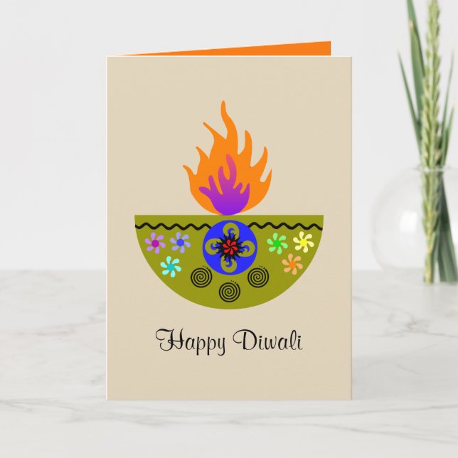 Colourful Diwali Lamp Diya Card (Front)