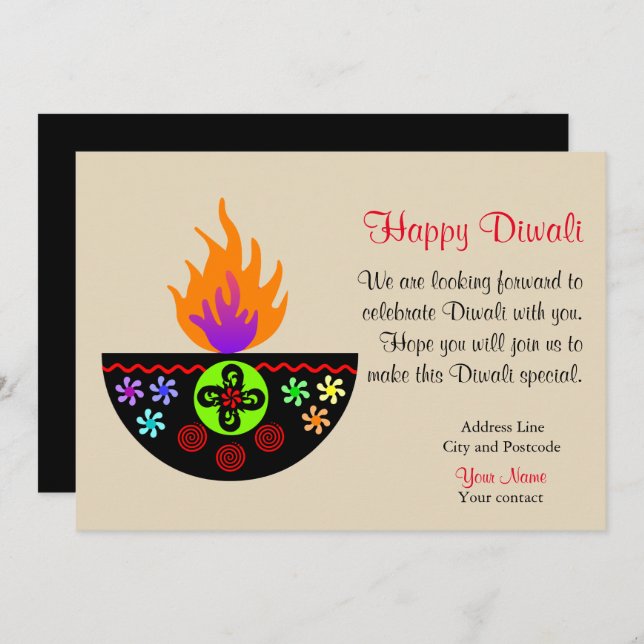 Colourful Diwali Lamp Diya Invitation (Front/Back)