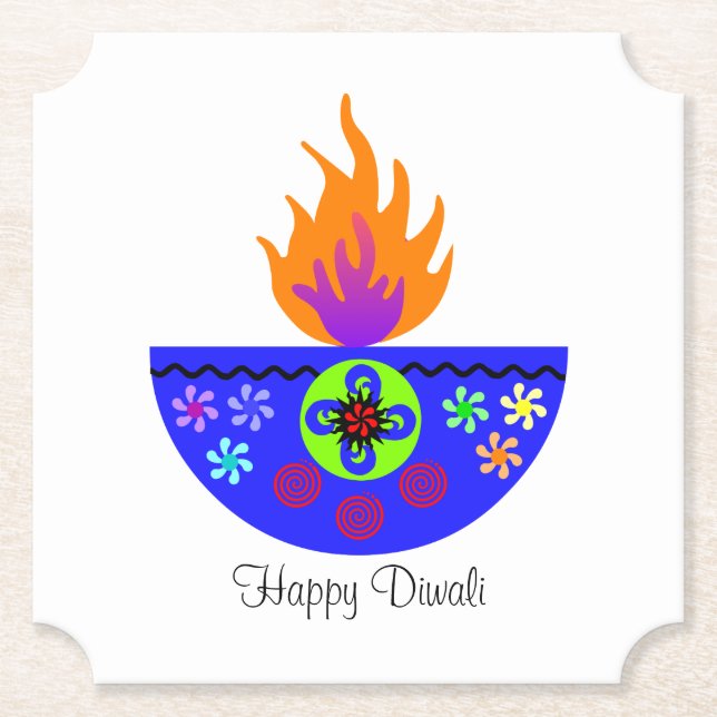 Colourful Diwali Lamp Diya Paper Coaster (Front)