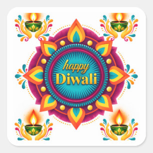 Colourful Diwali Mandala with Traditional Diyas Square Sticker