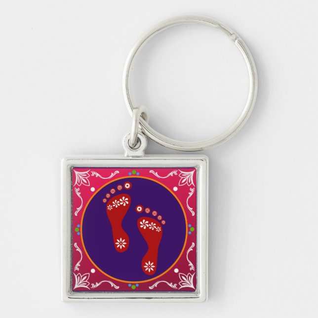 Colourful Diwali Rangoli With Footprint Key Ring (Front)