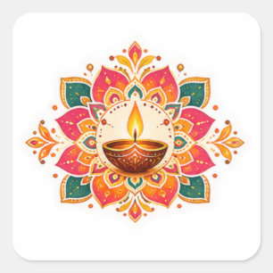 Colourful Diya Rangoli Diwali Greeting Design Square Sticker