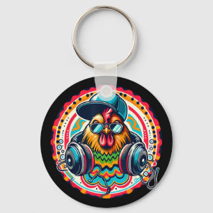 Colourful Dj Chicken Headphones Rooster Key Ring